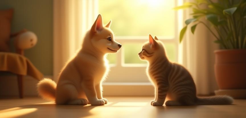 Un chien et un chat regardant dans la lumière d’une pièce chaleureuse